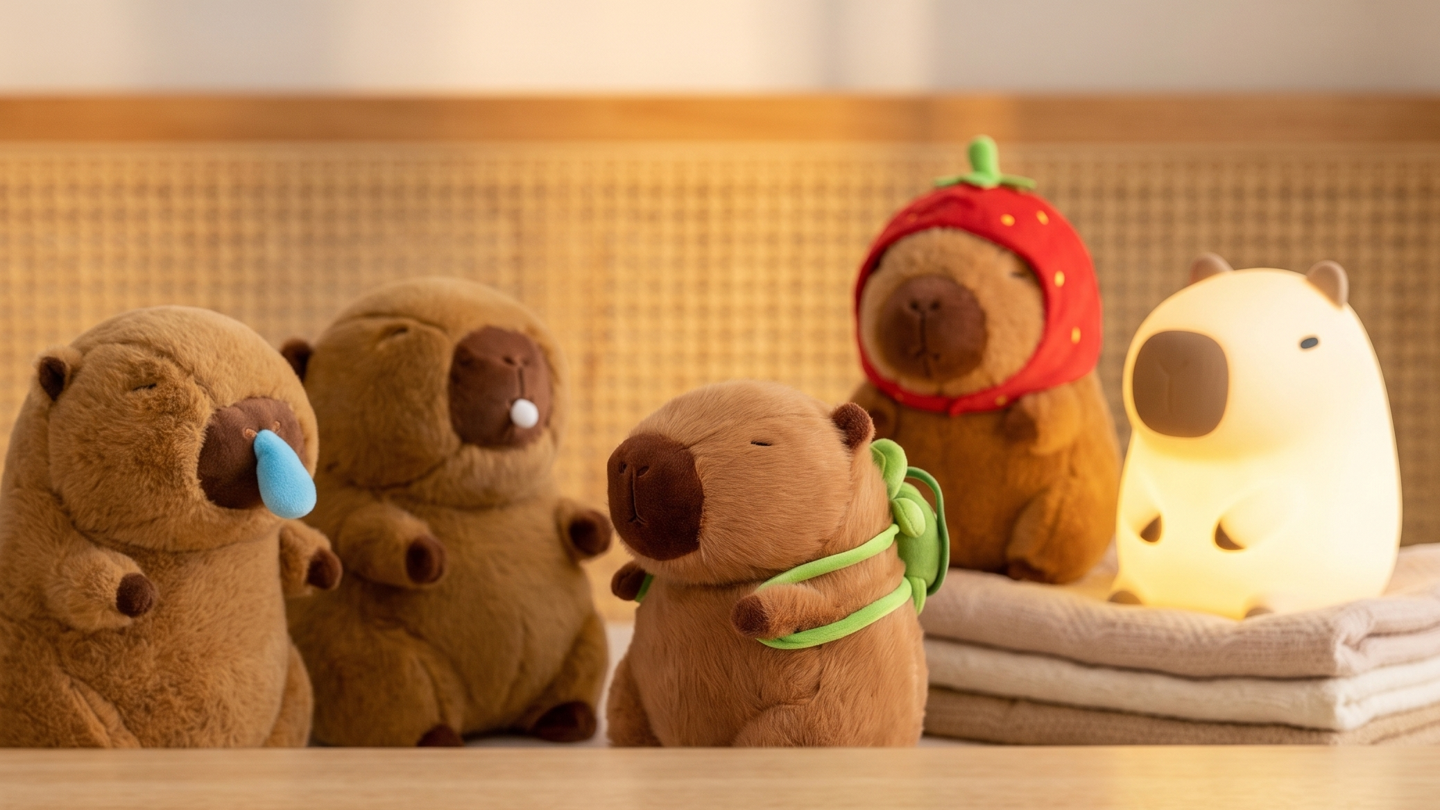Four cute capybara plush toys arranged on a wooden table in warm indoor lighting. One toy has a blue teardrop nose, two are brown, and one glowing cream-colored toy sits on folded towels wearing a red strawberry hat.